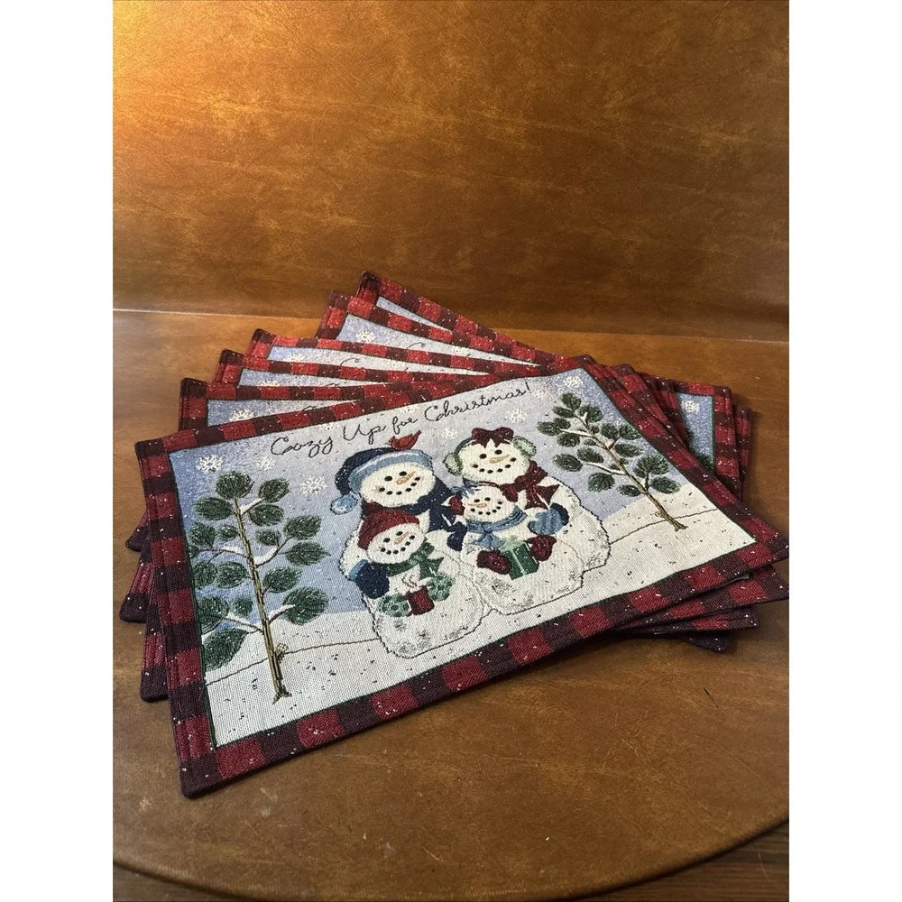 Christmas Winter Wonderland Tapestry Placemats Set of 6 Snowman Family& Cardinal